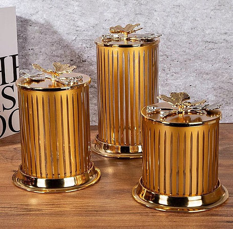 Gold Dikey Çizgili Lüks Saklama Kavanoz Seti