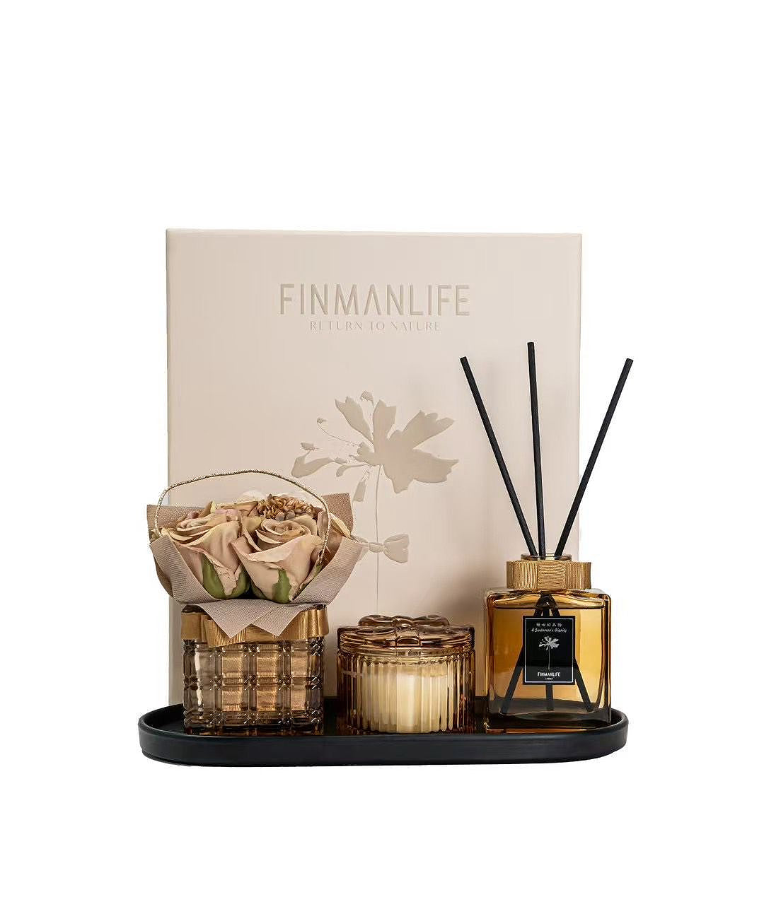 Elegant Lüks Set Cam Çiçekli Vazo, Ahşap Fitilli Koku Şişesi,Soya Mum