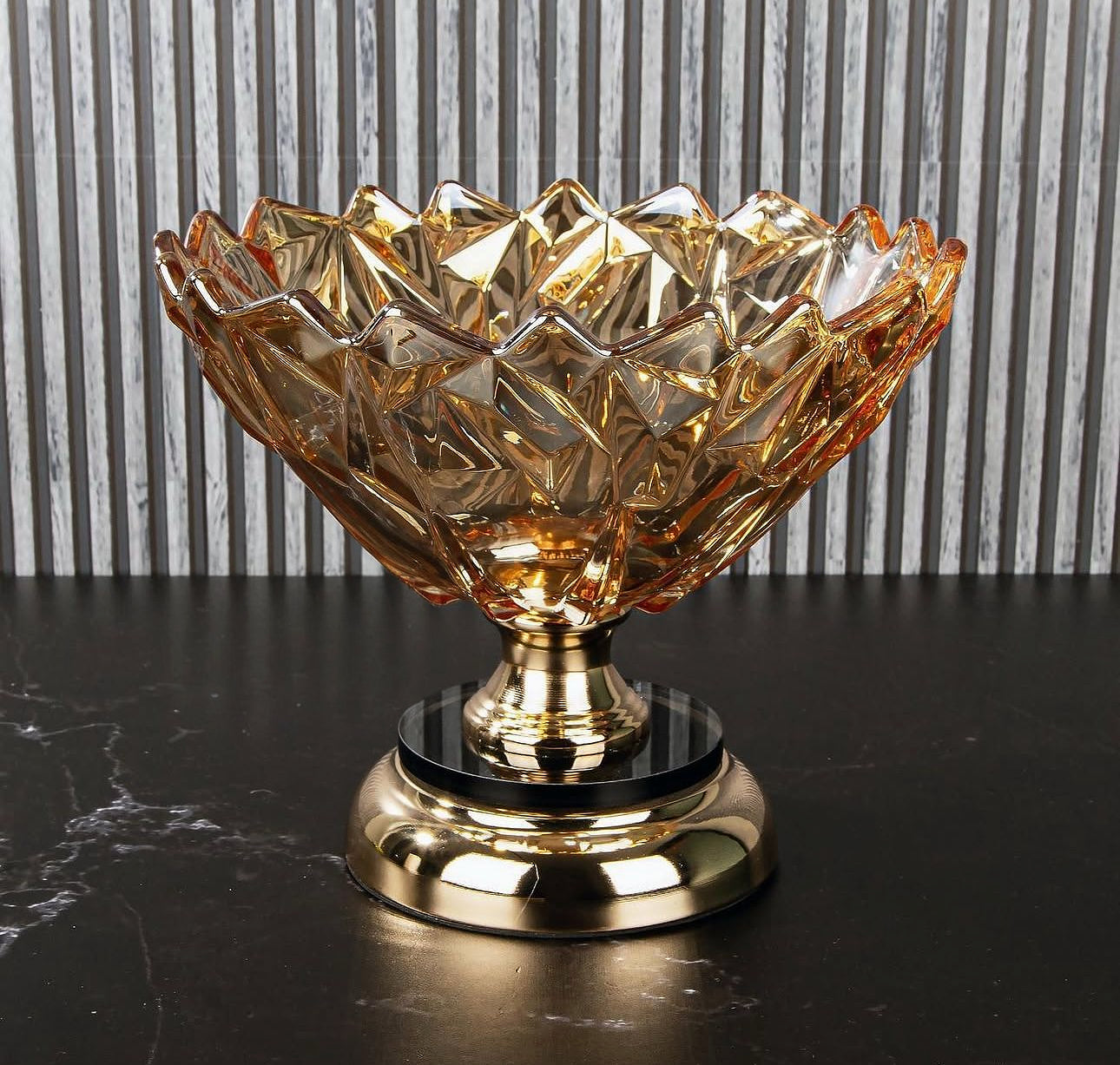 Dekoratif Cam Yuvarlak Meyvelik Sunumluk Servis Gold
