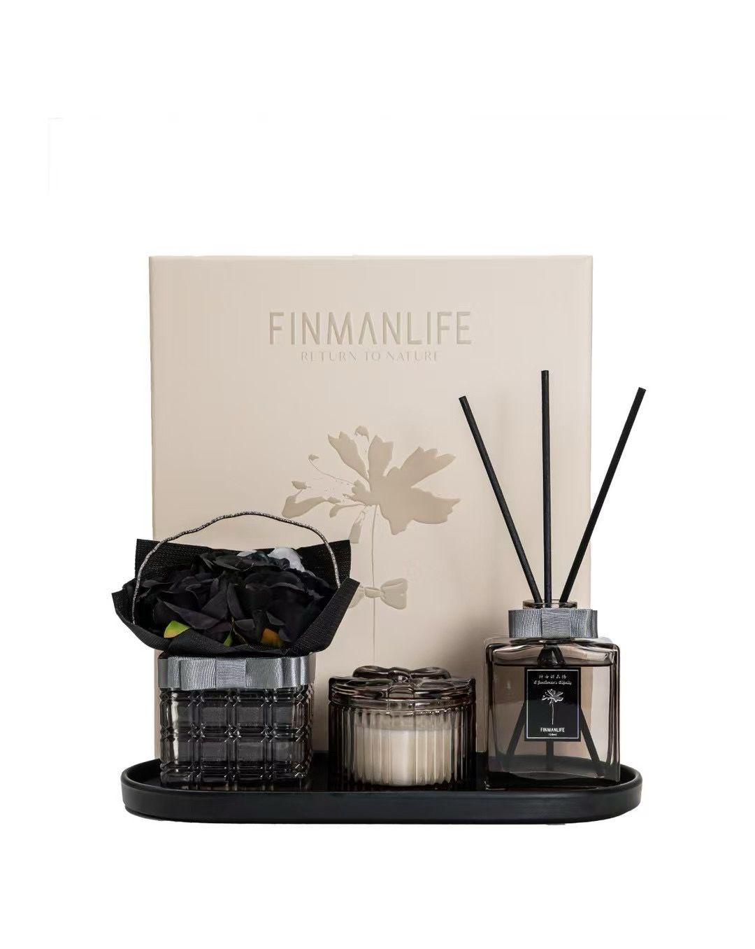 Elegant Lüks Set Cam Çiçekli Vazo, Ahşap Fitilli Koku Şişesi  Koku , Soya Mum