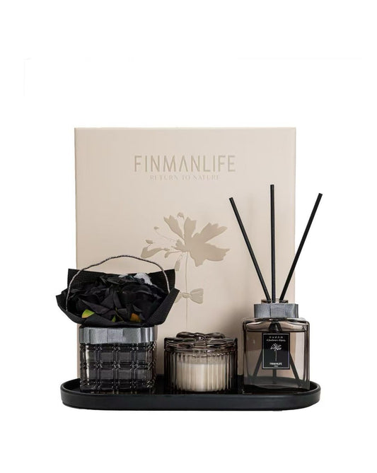 Elegant Lüks Set Cam Çiçekli Vazo, Ahşap Fitilli Koku Şişesi  Koku , Soya Mum