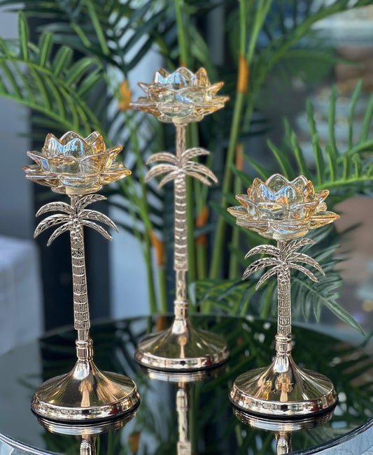 Lotus Çiçeği Detaylı Palmiye Şamdan Seti 2'lü