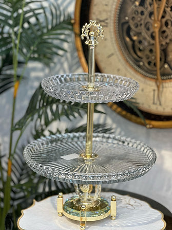 2 Katlı Kristal Cam Gold Sunumluk, Meyvelik Saray Collection