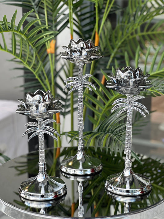 Lotus Çiçeği Detaylı Palmiye Şamdan Seti Gümüş 2'lü