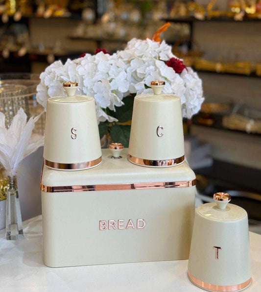 Krem -Rose Gold  Paslanmaz Ekmeklik ve 3'lü Saklama Kabı Seti