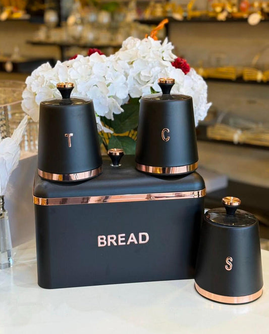 Siyah-Rose Gold Paslanmaz Ekmeklik ve 3'lü Saklama Kabı Seti