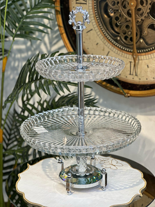 2 Katlı Kristal Cam Gümüş Sunumluk, Meyvelik Saray Collection