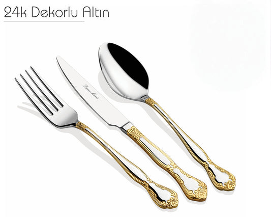 Elegant 42 Parça 24K Gold Kaplama Çatal Bıçak Takımı Dame Marie