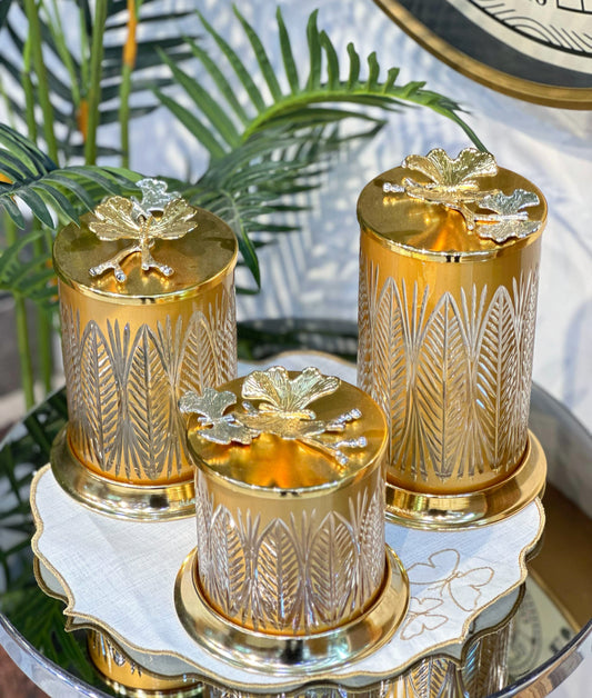 Lüks Yaprak Motifli Gold Cam Kavanoz Seti 3'lü