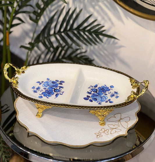 Porselen Antik Kulplu 2 Bölmeli Servis Tabağı 40X23 CM Mavi