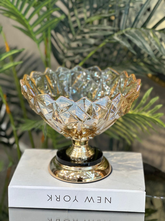 Dekoratif Cam Yuvarlak Meyvelik Sunumluk Servis Gold