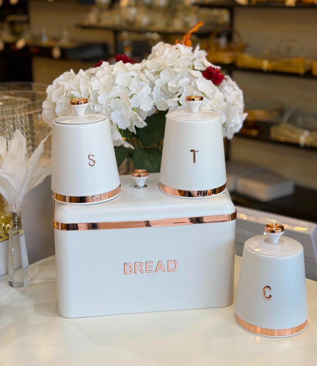 Beyaz-Rose Gold Paslanmaz Ekmeklik ve 3'lü Saklama Kabı Seti