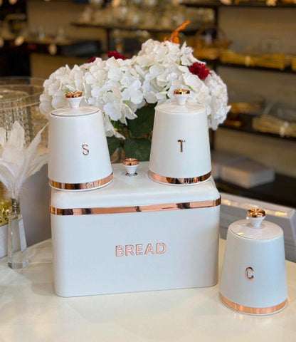 Beyaz-Rose Gold Paslanmaz Ekmeklik ve 3'lü Saklama Kabı Seti